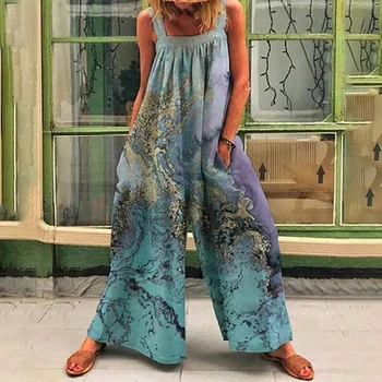 נשים קיץ חדש ללא שרוולים אמצע המותן גדולים אופנה טמפרמנט בציר ציור שמן הדפסה חופשי בכיס רצועת רחב רגל סרבל